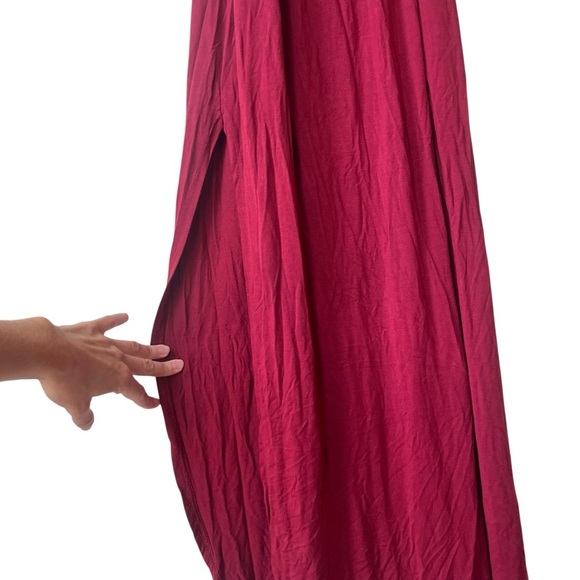 Burgundy Maxi Dress Women’s Size Large L Off Shoulder Flutter Sleeve Slit Gown - Picture 3 of 7